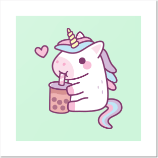 Cute Little Unicorn Loves Drinking Bubble Tea Posters and Art